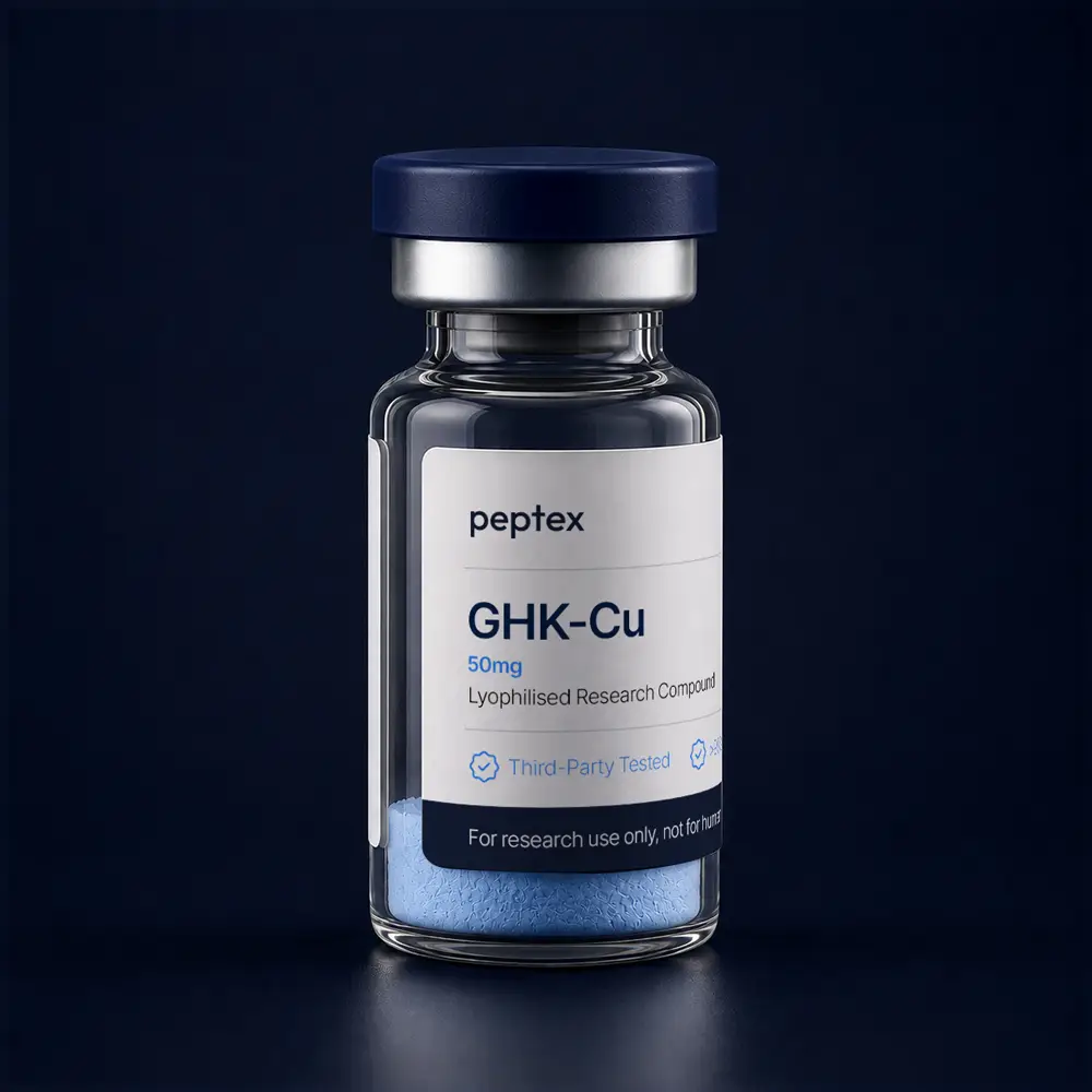 GHK-Cu 50mg research peptide vial with blue lyophilised powder and navy cap by Peptex.