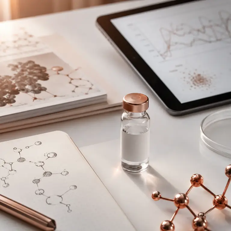 GHK-Cu copper peptide research workspace with lab vial and molecular diagrams
