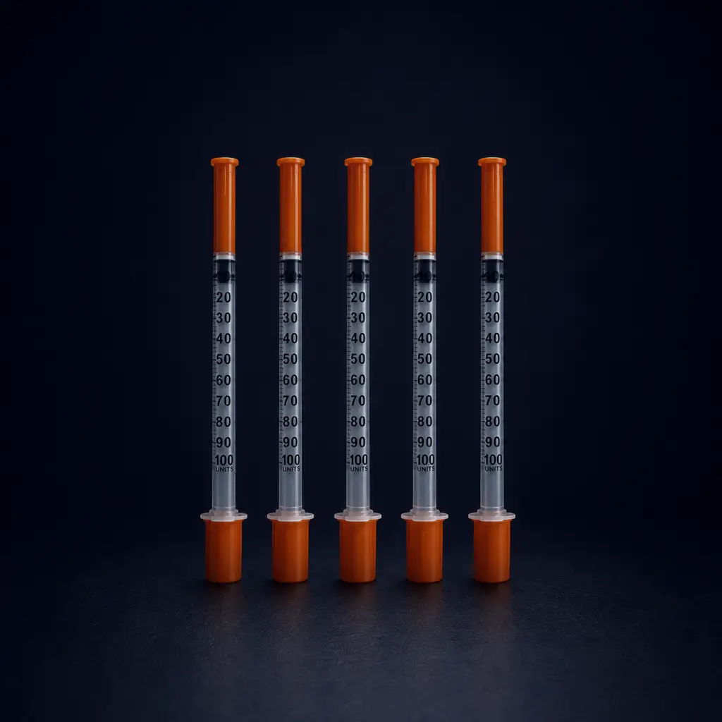 Five Peptex 1ml mixing syringes with orange caps displayed on a premium dark background for laboratory research applications.