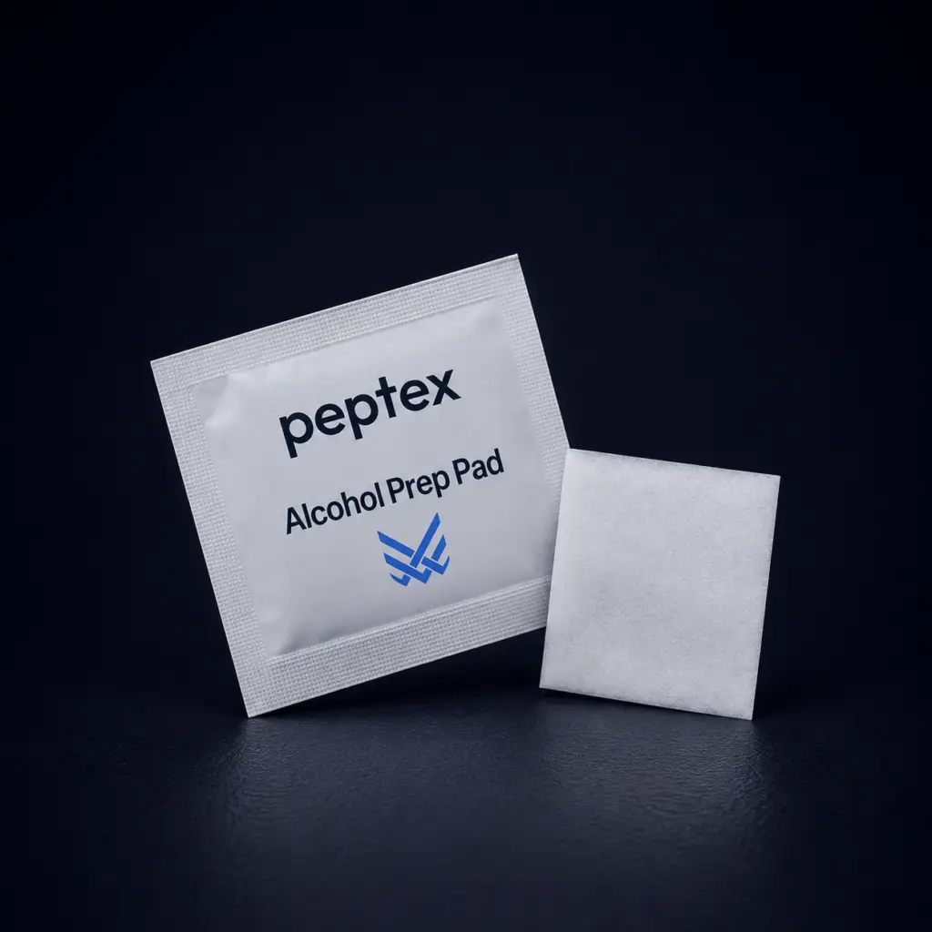 Peptex alcohol prep pad sachet with sterile cleaning wipe displayed on a premium dark studio background.