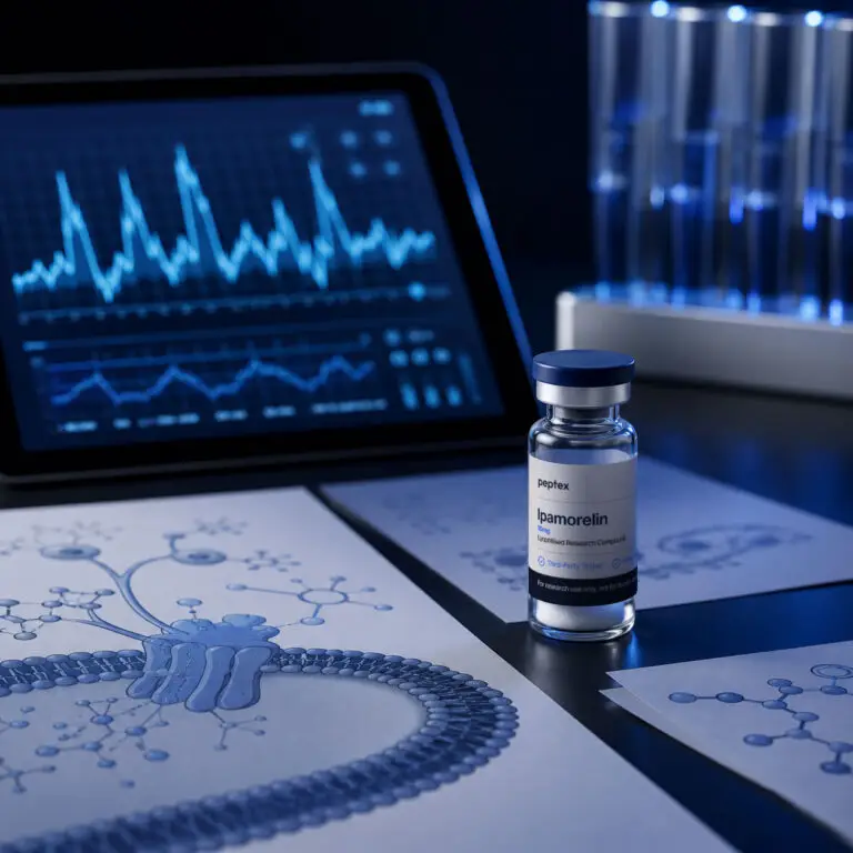 Peptex ipamorelin research vial with receptor signalling charts